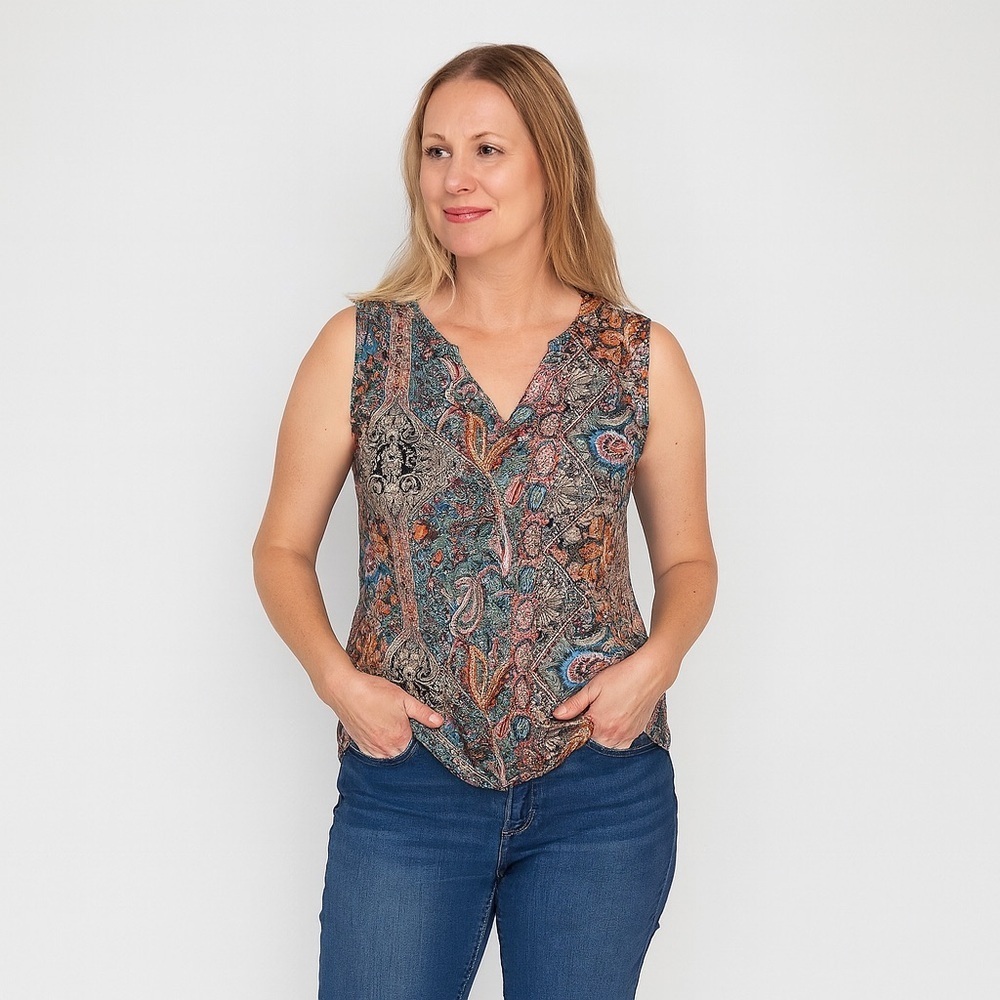 Roman Elegant Paisley V-Neck Blouse - Multicolor. Size Large.